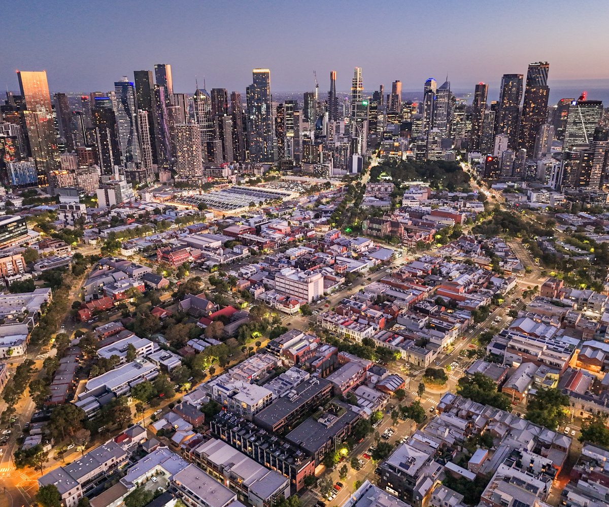 Aerial twilight photograph of Melbourne CBD skyline by Estate Lens Media